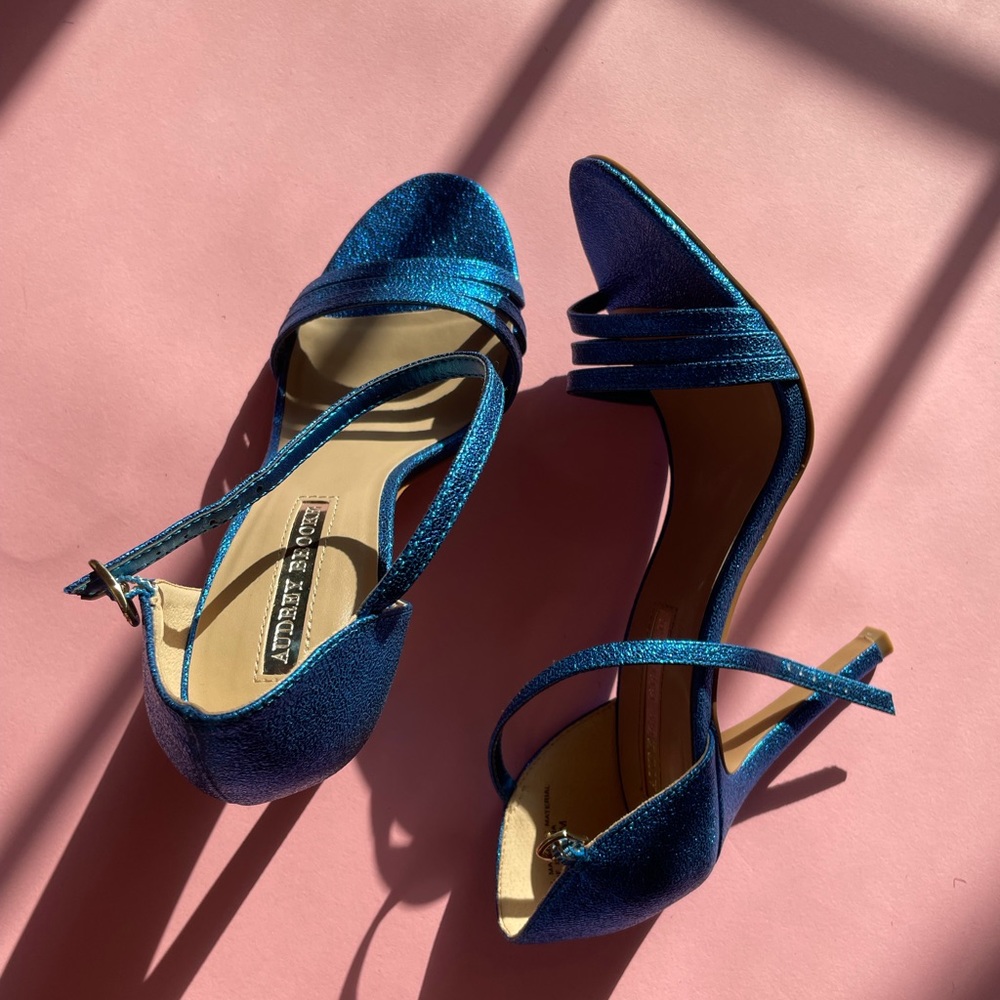 Sparkly blue ankle strap heels